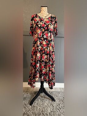 Agnes & Dora Black Midi Dress with Red and Cream Floral Print
